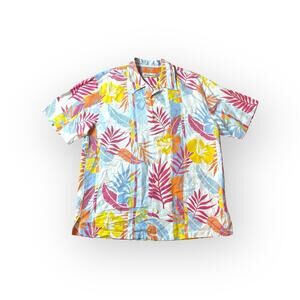 Tommy Bahama Silk Linen Pocket Shirt Large Beige Floral Tropical Hawaiian Aloha